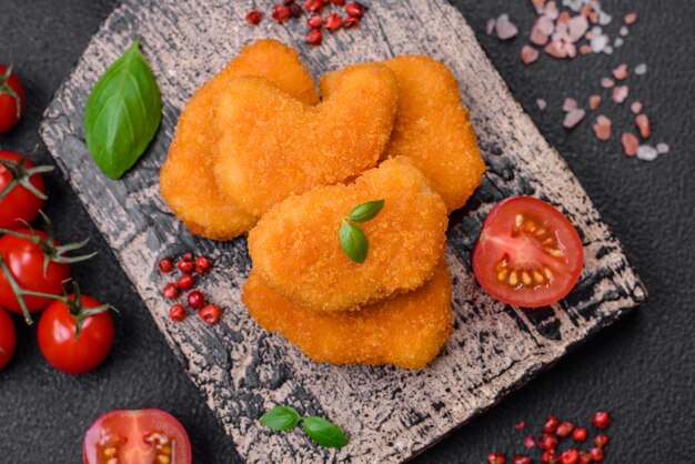 Deliciosos nuggets de pollo crujientes y frescos sobre un fondo de hormigón oscuro Comida poco saludable comida rápida