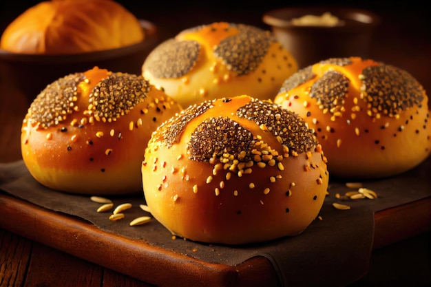 Deliciosos pães de sementes de papoula dourados polvilhados com grãos no café da manhã