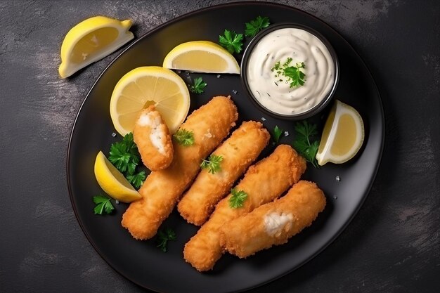 Foto deliciosos palillos de pescado con limón picante y salsa tártara picante una delicia perfecta para su paladar