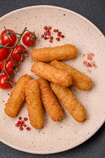 Deliciosos palitos de queijo crocante com mussarela sal e especiarias empanados e fritos em óleo Fast food para viagem