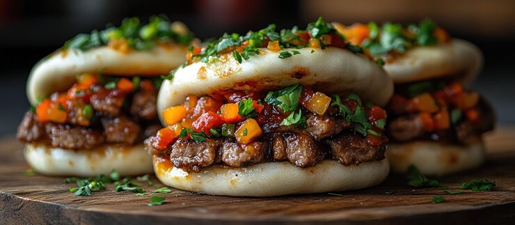 Deliciosos panes de carne de res asiáticos con salsa dulce y sabrosa