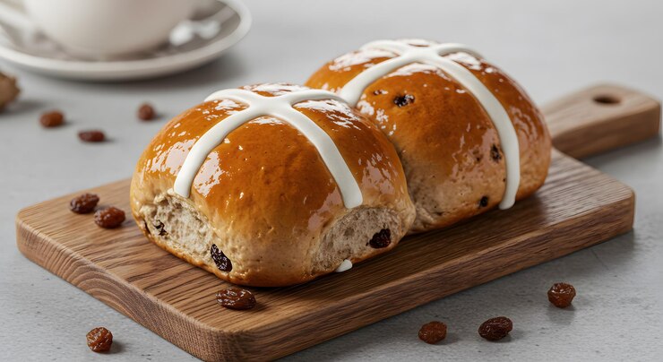 Deliciosos panes de cruz calientes con cruces en una tabla de madera