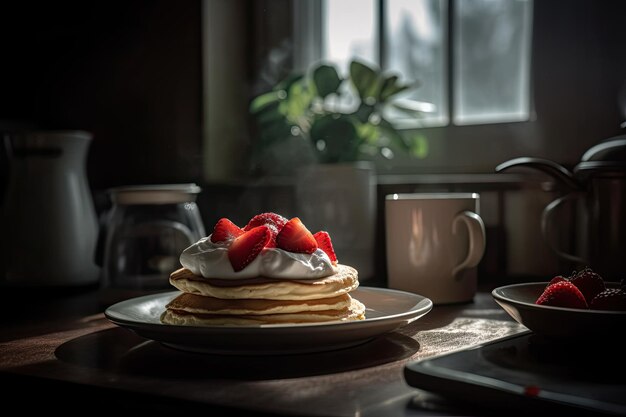 Deliciosos panqueques con crema batida de fresas y café generativo IA