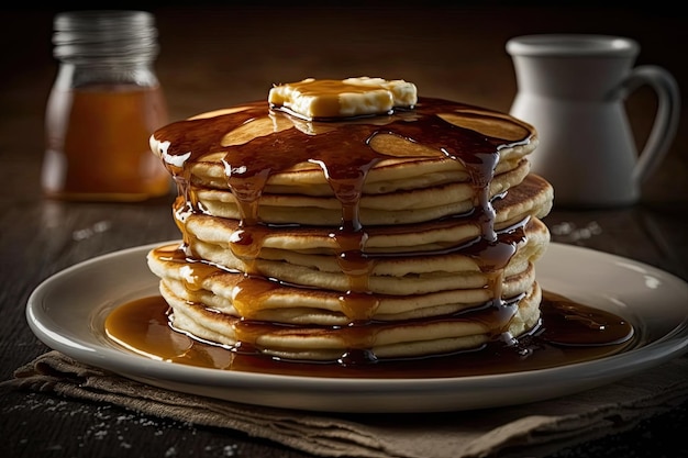 Deliciosos panqueques cubiertos con miel Comida perfecta para el desayuno IA generativa