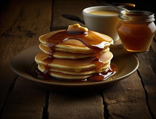 Deliciosos panqueques cubiertos con miel Comida perfecta para el desayuno IA generativa