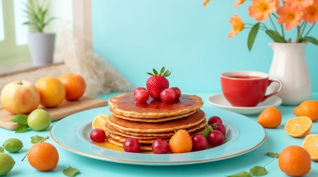 Deliciosos panqueques de desayuno con fruta fresca y una taza de té