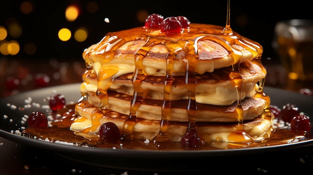 Deliciosos panqueques para el desayuno con miel y bayas generados por la IA