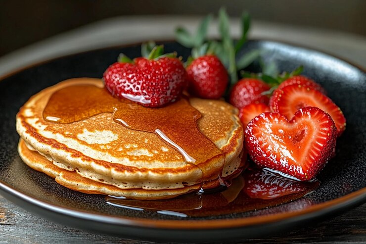 Deliciosos panqueques esponjosos con fresas fresas y jarabe en un plato negro IA generativa