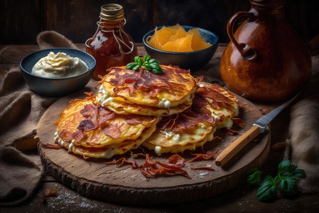 Deliciosos panqueques de papa caseros decorados con tocino frito y queso