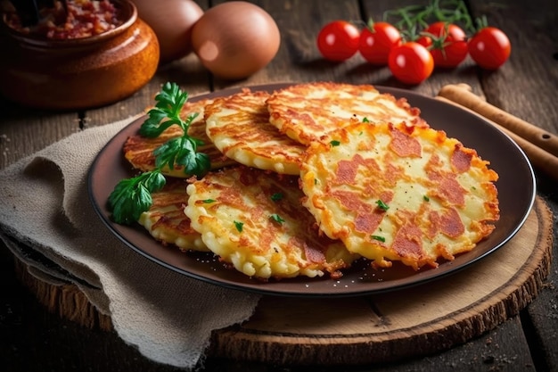 Deliciosos panqueques de patata crujientes con trozos de tocino picado