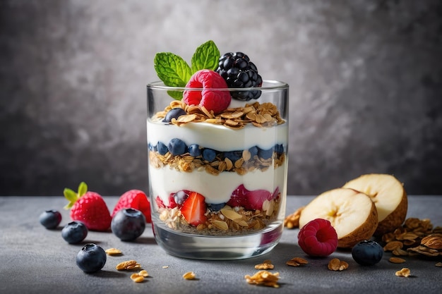 Foto deliciosos parfaits de yogur con frutas y avena