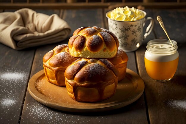 Deliciosos pasteles de brioche para el té con azúcar y mantequilla