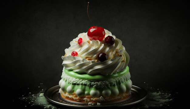 Deliciosos pasteles de cereza con cerezas rojas maduras y crema verde