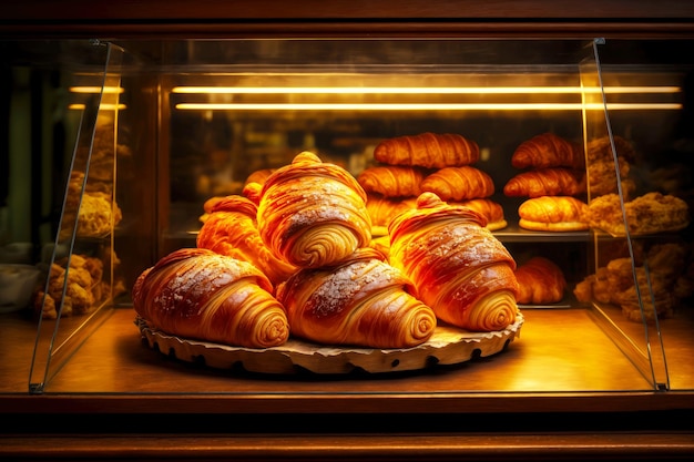 Deliciosos pasteles de croissant dulces frescos en panadería