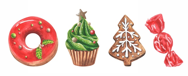 Deliciosos pasteles dulces de navidad donut cupcake o muffin galleta de jengibre