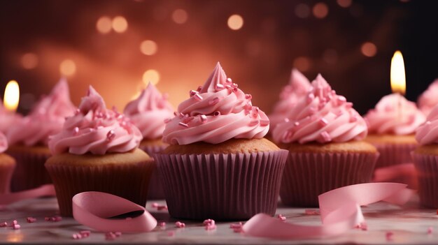 Deliciosos pasteles con glaseado rosado y velas en el fondo