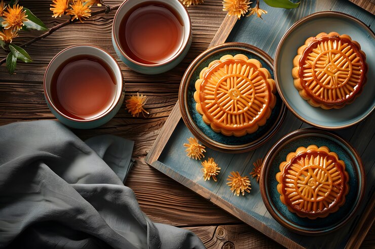 Deliciosos pasteles de luna y té en un paisaje rústico de madera