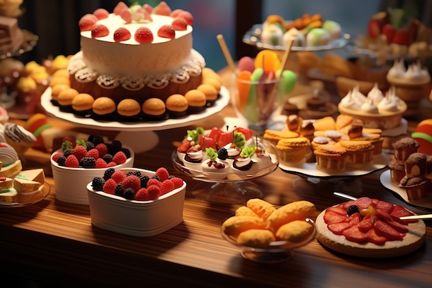 Deliciosos pasteles pasteles y pasteles con bayas en la mesa de postres en un encantador café