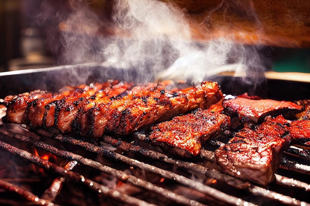 Deliciosos pedaços de carne com molho barbecue na grelha do fumante