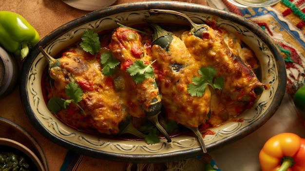 Deliciosos pimientos rellenos de queso en salsa de tomate en una mesa de madera