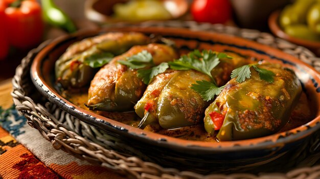 Foto deliciosos pimientos rellenos de queso en salsa de tomate en una mesa de madera