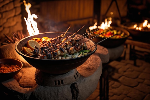 Deliciosos pinchos a la parrilla en tazones en la parrilla encendida del patio trasero