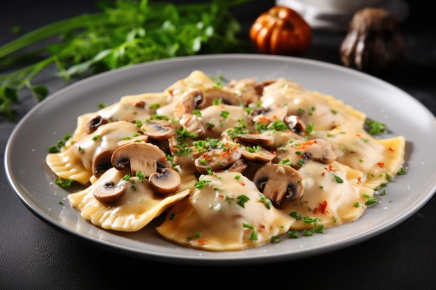 Deliciosos ravioles con hongos servidos en una mesa gris de cerca