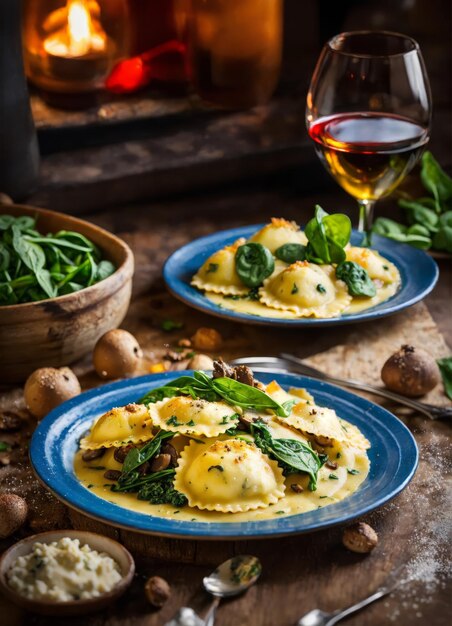 Foto deliciosos ravioli en un plato con albahaca