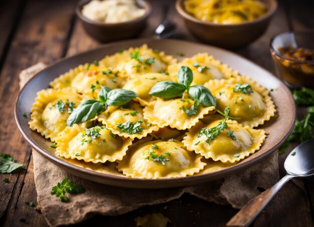 Deliciosos ravioli en un plato con albahaca