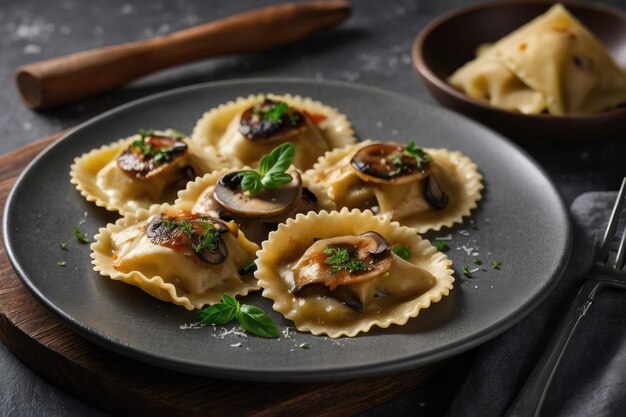 Deliciosos ravioli con setas servidos en una mesa gris de cerca