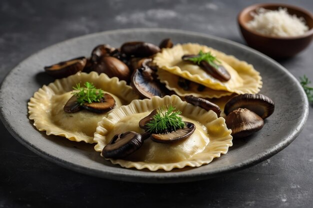 Deliciosos ravioli con setas servidos en una mesa gris de cerca