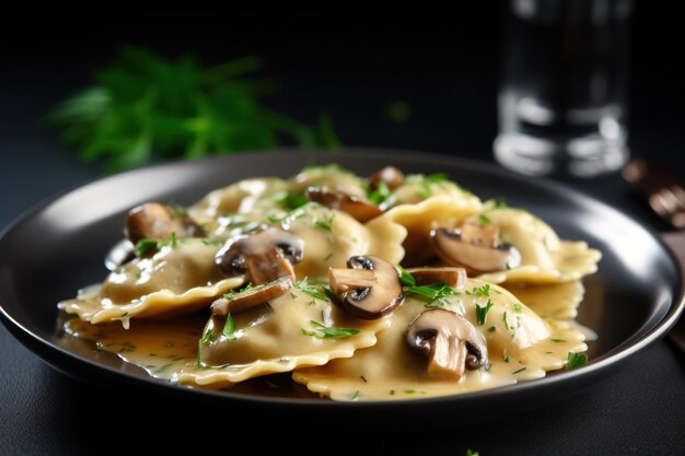 Deliciosos raviolis com cogumelos servidos em uma mesa cinzenta