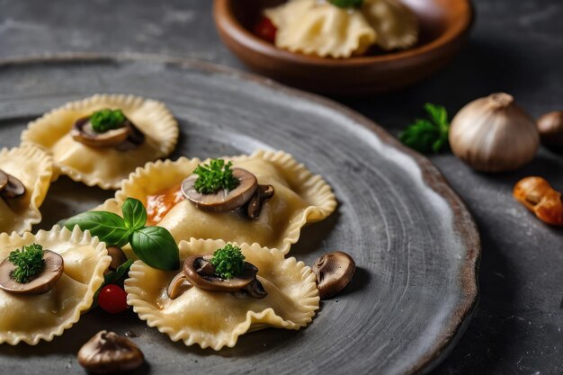 Deliciosos raviolis com cogumelos servidos em uma mesa cinzenta