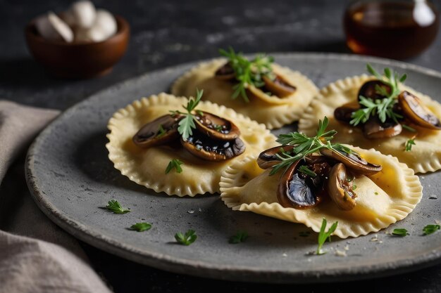 Deliciosos raviolis com cogumelos servidos em uma mesa cinzenta