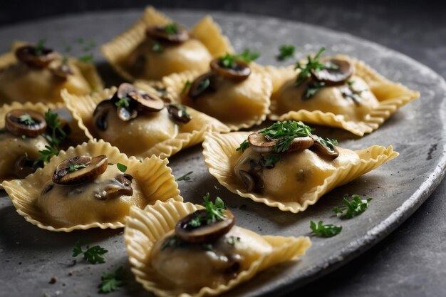 Deliciosos raviolis com cogumelos servidos em uma mesa cinzenta