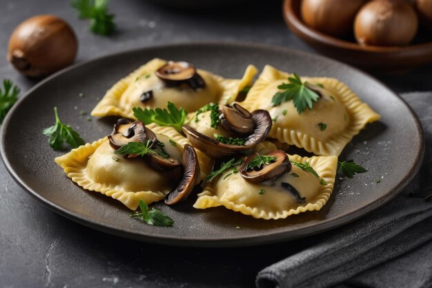 Deliciosos raviolis com cogumelos servidos em uma mesa cinzenta