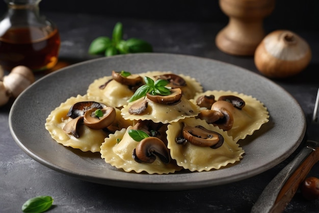 Foto deliciosos raviolis com cogumelos servidos em uma mesa cinzenta