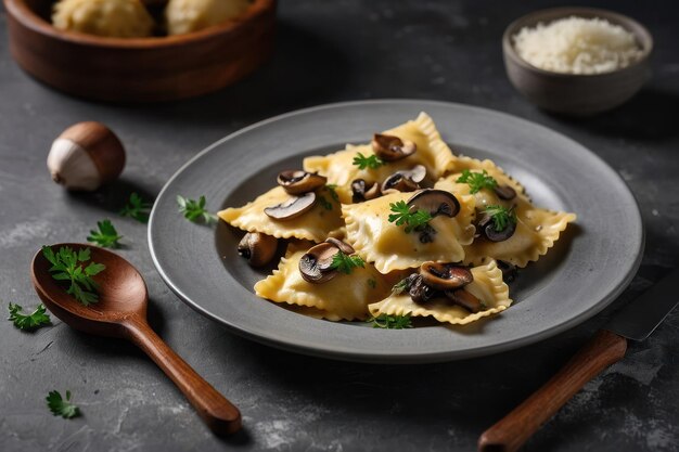 Deliciosos raviolis com cogumelos servidos em uma mesa cinzenta