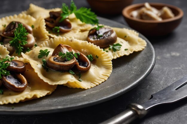 Deliciosos raviolis com cogumelos servidos em uma mesa cinzenta