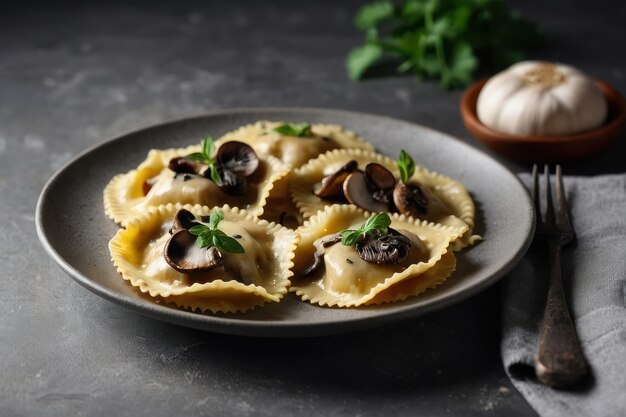 Deliciosos raviolis com cogumelos servidos em uma mesa cinzenta