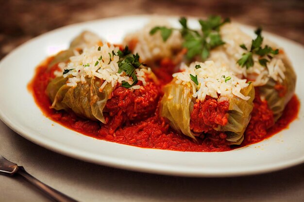 Deliciosos rollos de repollo rellenos en un plato rociados con salsa de tomate y espolvoreados con verduras