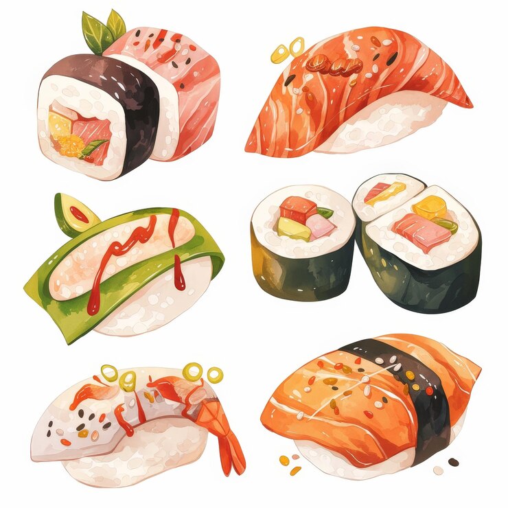Deliciosos rollos de sushi en acuarela Clipart Elementos de alimentos exóticos aislados en fondo blanco