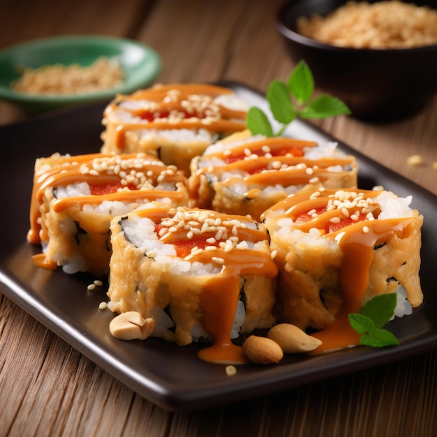 Deliciosos rollos de sushi con salsa de maní cremosa Imagen de stock