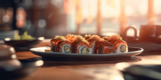 Deliciosos rollos de sushi servidos en un plato IA generativa