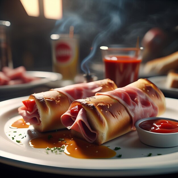 Foto deliciosos rollos de tostadas con jamón y queso y tomate y ketchup fotografía de comida