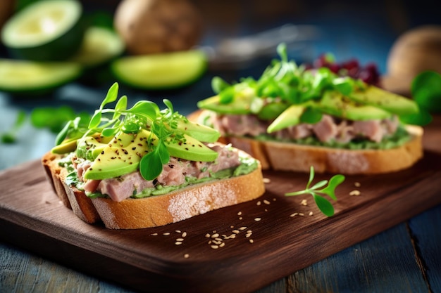 Deliciosos sanduíches de atum com abacate e microgreens para café da manhã ou lanche servidos em pão integral