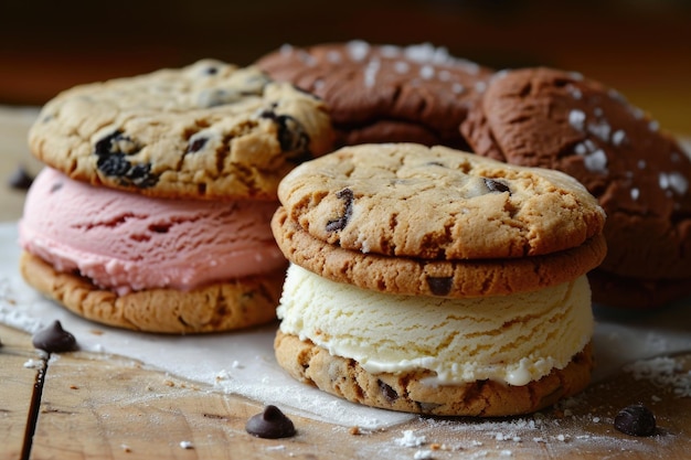 Deliciosos sanduíches de sorvete feitos com biscoitos de chocolate e vários sabores de sorvete exibidos em um prato branco