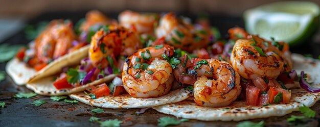 Foto deliciosos tacos de camarón con papel tapiz de mango picante en la parte superior