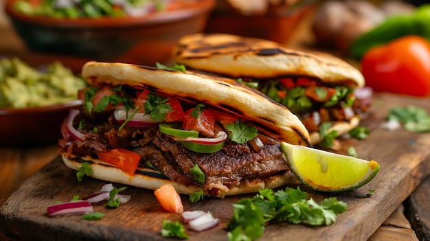 Deliciosos tacos de carne de res en un plato con guarniciones frescas