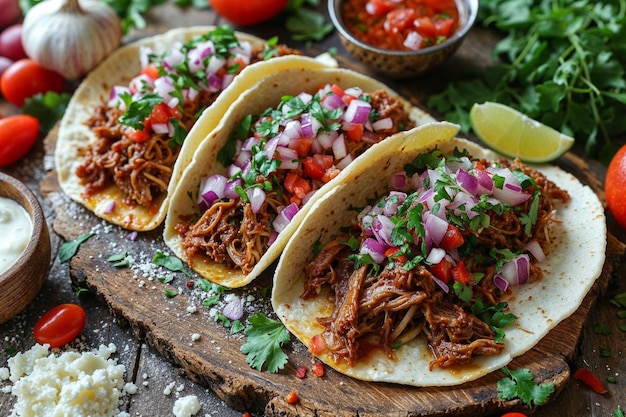 Deliciosos tacos caseiros de carne de vaca com coberturas frescas